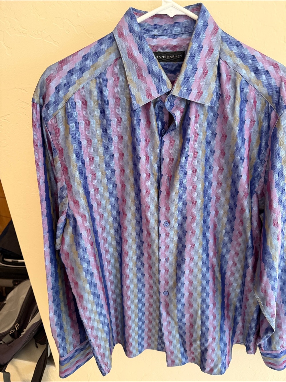 Jhane Barnes Multicolor Geometric Long-Sleeve Button-Down — Blue, Purple, Pink